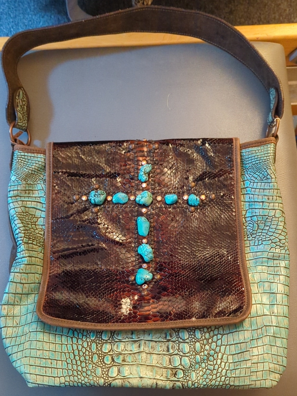 Turquoise Accented Croc-Texture Crossbody Bag